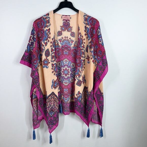 Theodora & Callum open front printed tassel Ruana kimono one size - Picture 2 of 6